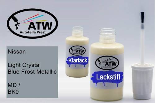 Nissan, Light Crystal Blue Frost Metallic, MD / BK0: 20ml Lackstift + 20ml Klarlack - Set, von ATW Autoteile West.